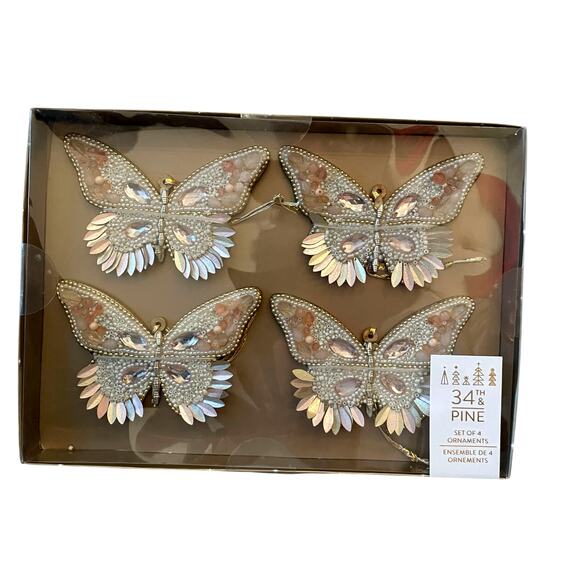 34th & Pine Beaded Butterfly Ornaments Set of 4 Iridescent Pink Holiday Glam NEW - Picture 10 of 13